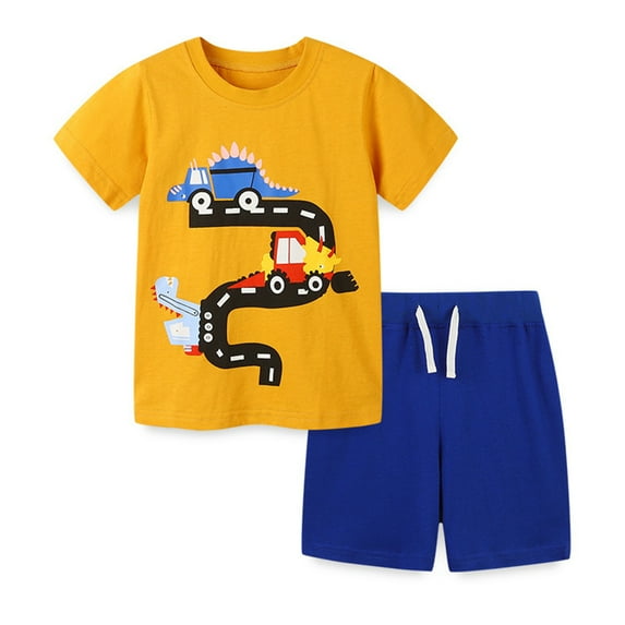 LYMAYTER Kids Boys T-Shirt Shorts Set 2PCS Toddler Short Sleeves Cartoon Tees Shirt + Solid Color Shorts Outfit for 2-8 Years