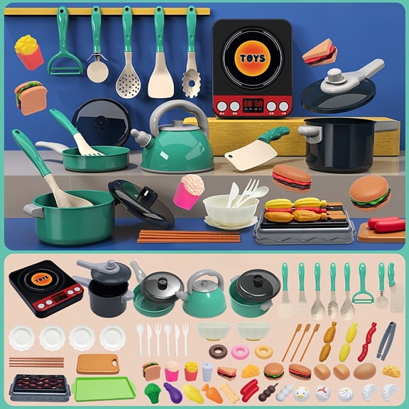 LYMAYTER Kids Chef Play Kit 71Pcs, Pretend Role Play Cooking Cookware Set Mini Food Cutting Toys For Kids Age 3-6 Green