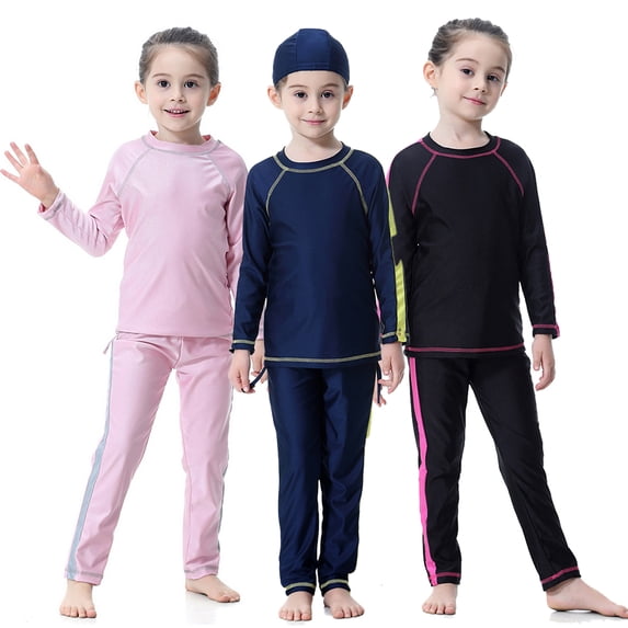 LYMAYTER Kids Girl's Three-Piece Long Sleeve Swimsuits Toddler Baby UPF50+ Rash Guard Bathing Suit Beach Sun Protection Swimwear with Hat 1-14Y