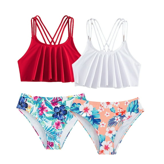 LYMAYTER 7-12 Years Girls Summer Swimsuits Outfit for Kids Prints Tank Swimwear Set Youth Ruffle Edge Bikini Bathing Suit 2PCS
