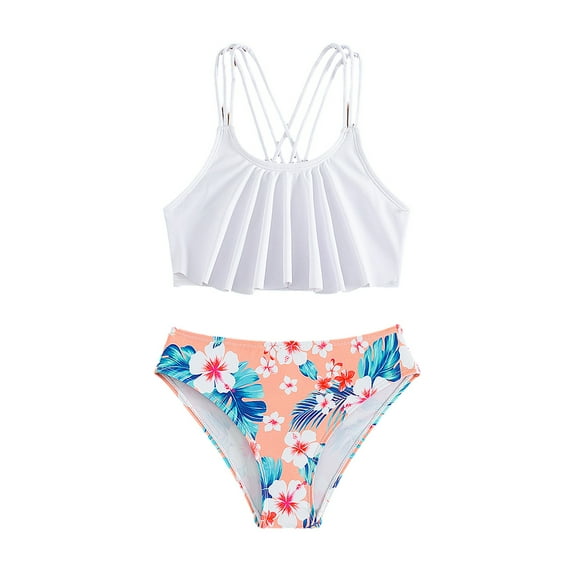 LYMAYTER Kids Girls Bikini Swimsuits Outfit Ruffle Edge Bathing Suit for 7-12 Years Teenagers Multicolor Tank Swimwear Set for Girls 2PCS