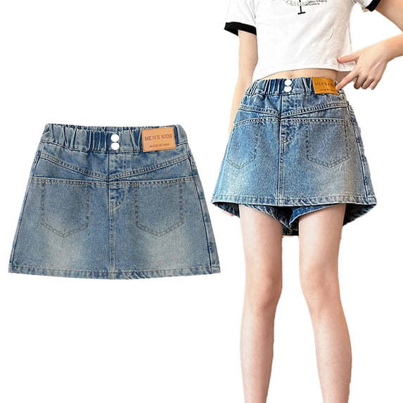 LYMAYTER Kids Girls Blue Denim Skort Elastic Waistband Mini Jean Skirt with Short Layer Casual Wear 5-14Y