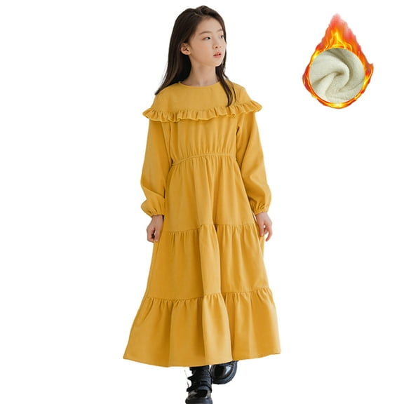 LYMAYTER Kids Girls Corduroy Dresses Youth Long Sleeve Fleece Princess Dress Toddler Solid Color Casual Sundress for 5-14 Years