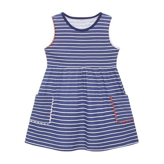 LYMAYTER Kids Girls Cotton Dress Toddler Sleeveless Stripes Dress Summer Baby Crewneck Sundress for 2-8 Years