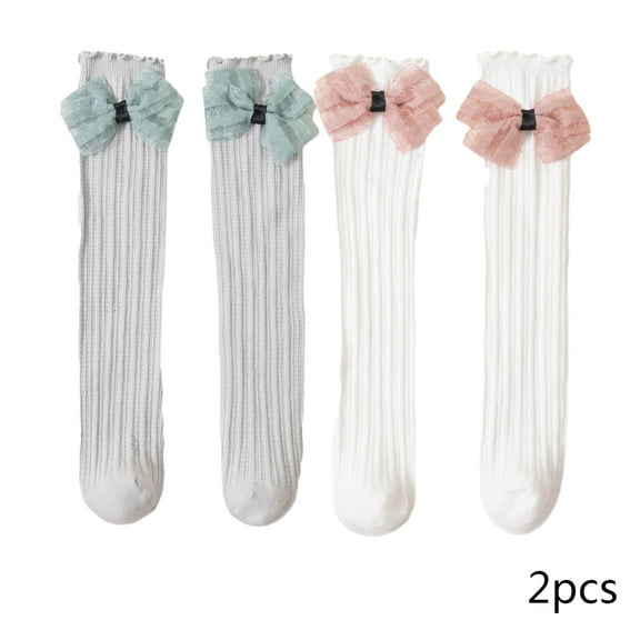 LYMAYTER Kids Girls Cotton Knee High Socks 2 Pairs Toddler Flower Mid-Calf Sock Spring Fall Bowknot Stacked Socks for 3-12 Years