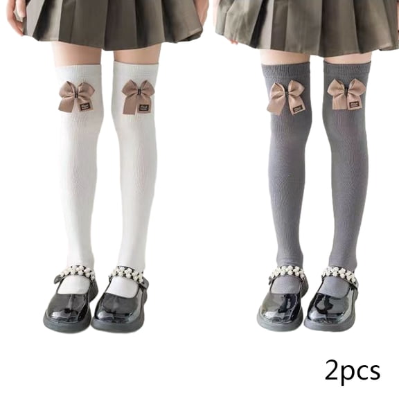LYMAYTER Kids Girls Cotton Knee High Socks 2 Pairs Toddler Flower Mid-Calf Sock Spring Fall Bowknot Stacked Socks for 3-12 Years