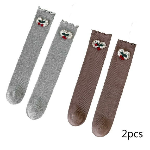 LYMAYTER Kids Girls Cotton Knee High Socks 2 Pairs Toddler Flower Mid-Calf Sock Spring Fall Bowknot Stacked Socks for 3-12 Years