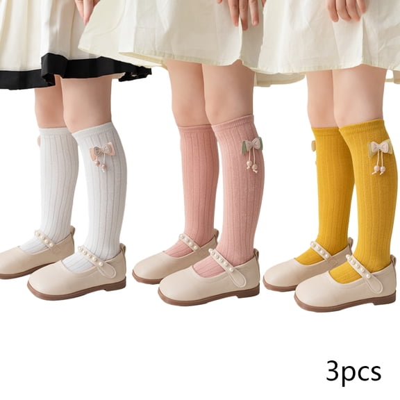 LYMAYTER Kids Girls Cotton Knee High Socks 3 Pairs Toddler Soft Mid-Calf Sock Fall Bowknot Stacked Socks for 3-12 Years
