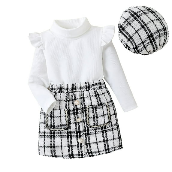 LYMAYTER Kids Girls Dress Outfits 3PCS Toddler Crewneck Long Sleeve Tops+ Little Fragrant Wind Skirt + Hat Set for 4-7 Years