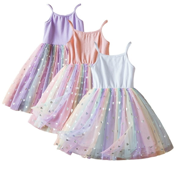 LYMAYTER Kids Girls Dresses Toddler Summer Princess Dress Baby Off-the-Shoulder Fashion Tulle Rainbow Dress Kids Dance Gown Dresses for 6-5T