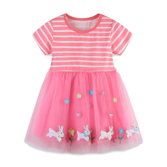 LYMAYTER Kids Girls Dresses Toddlers Striped Tulle Princess Peplum Summer Embroidery Short Sleeve Sundress for 1-7 Years