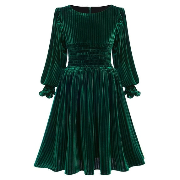 LYMAYTER Kids Girls Fall Winter Dresses Youth Velvet Long Sleeve Pleated Dresses Toddler Solid Color Casual Dress for 2-13 Years