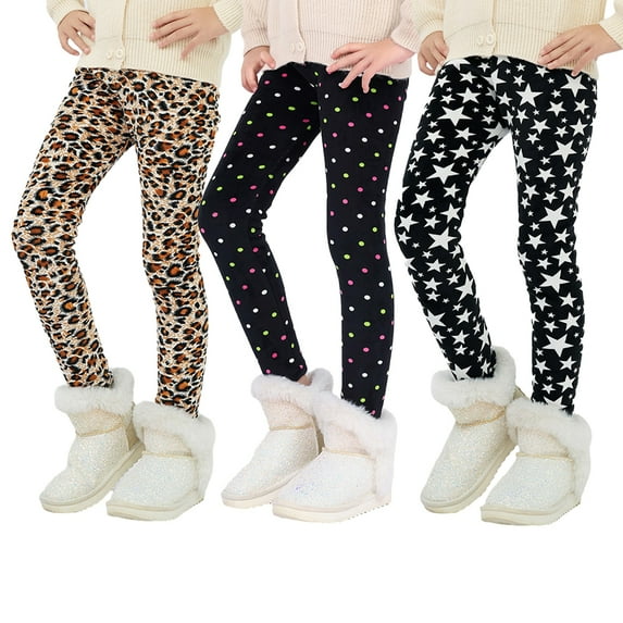 LYMAYTER Kids Girls Fleece Leggings 3PCS Youth Warm Stretch Pants Toddler Fall Winter Printing Bottoms for 3-12 Years