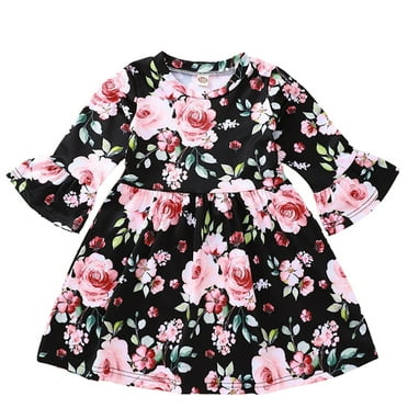 LYMAYTER Kids Girls Floral Dresses Spring Fall Flared Sleeve Princess Dress Baby Waistband Party Skirt for 1-5 Years