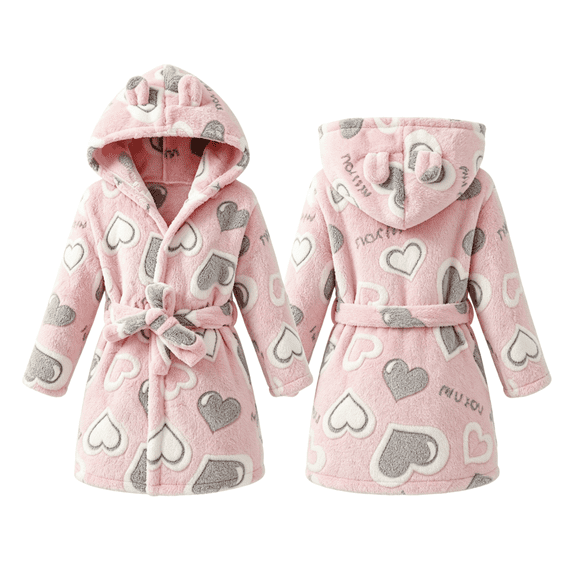 LYMAYTER Kids Girls Hooded Robe Soft Fleece Bathrobe Cozy Warm Lounging Pajamas for 1-7Y Toddler Robe