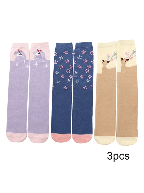 Kids Girls Knee High Socks 3 Pairs Spring Fall Prints Calf Socks Toddler Cotton Stacked Socks for 3-12 Years