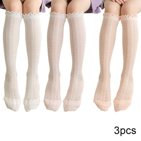 LYMAYTER Kids Girls Knee High Socks 3 Pairs Spring Summer Bowknot Mesh Calf Socks Toddler Solid Colours Thigh High Socks for 3-12 Years