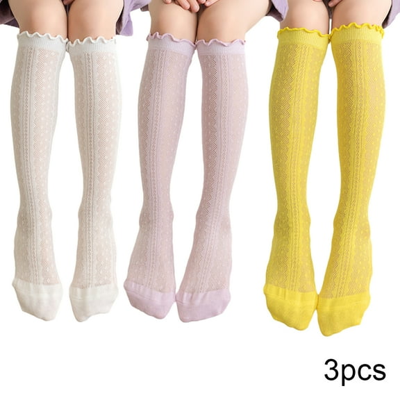 LYMAYTER Kids Girls Knee High Socks 3 Pairs Spring Summer Bowknot Mesh Calf Socks Toddler Solid Colours Thigh High Socks for 3-12 Years