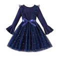 thumbnail image 1 of LYMAYTER Kids Girls Mesh Princess Dresses Youth Spring Fall Flared Long Sleeve Dresses Toddler Bowtie Party Dress for 5-13 Years, 1 of 9
