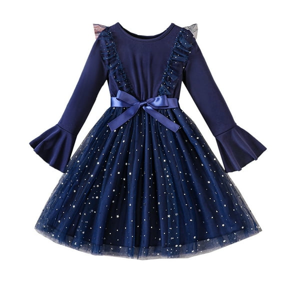 LYMAYTER Kids Girls Mesh Princess Dresses Youth Spring Fall Flared Long Sleeve Dresses Toddler Bowtie Party Dress for 5-13 Years