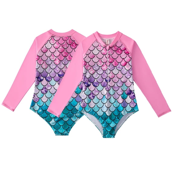 LYMAYTER Kids Girls One Piece Swimsuits Toddler Long Sleeve Rash Guard Zipper Front Bathing Suit Upf 50+ Kids Girls Rash Guard Long Sleeve One Piece Bathing for Surfing 4-12 Years
