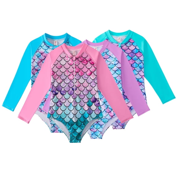 LYMAYTER Kids Girls One Piece Swimsuits Toddler Long Sleeve Rash Guard Zipper Front Bathing Suit Upf 50+ Kids Girls Rash Guard Long Sleeve One Piece Bathing for Surfing 4-12 Years