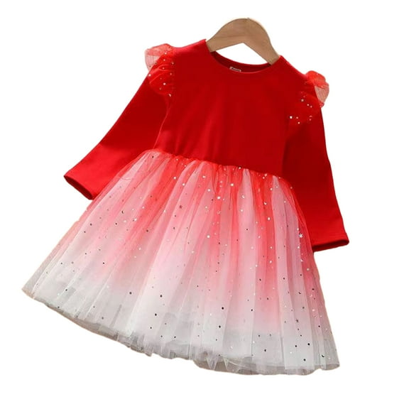 LYMAYTER Kids Girls Princess Dresses Toddler Tulle Mesh Long Sleeve Peplum Little Girls Solid Color Party Dress for 2-12 Years