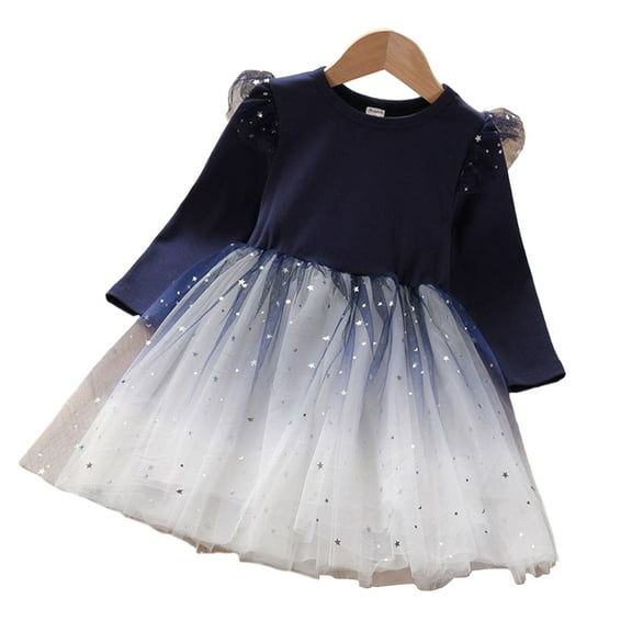 LYMAYTER Kids Girls Princess Dresses Toddler Tulle Mesh Long Sleeve Peplum Little Girls Solid Color Party Dress for 2-12 Years