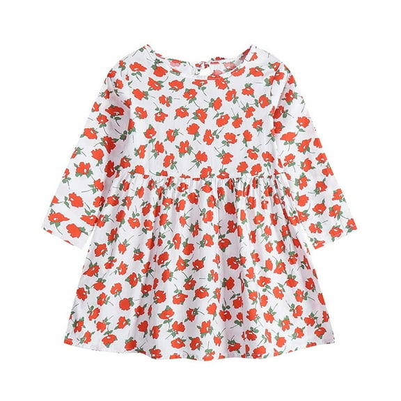 LYMAYTER Kids Girls Printed Dresses Newborn Floral Elastic Dress Toddler Spring Fall Long Sleeved Dress for 6 Months - 6 Years