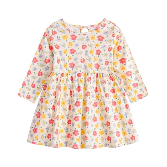 LYMAYTER Kids Girls Printed Dresses Newborn Floral Elastic Dress Toddler Spring Fall Long Sleeved Dress for 6 Months - 6 Years
