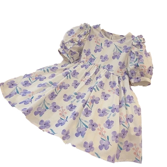 LYMAYTER Kids Girls Printed Dresses Toddler Short Sleeve Party Princess Dress Baby Summer Sundress for 2-7 Years