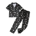 thumbnail image 1 of LYMAYTER Kids Girls Silk Pajamas Outfit Toddler V-Neck Short Sleeve Sleepwear Tops for 8-12 Years Stain Printed Loungewear 2PCS Set, 1 of 9