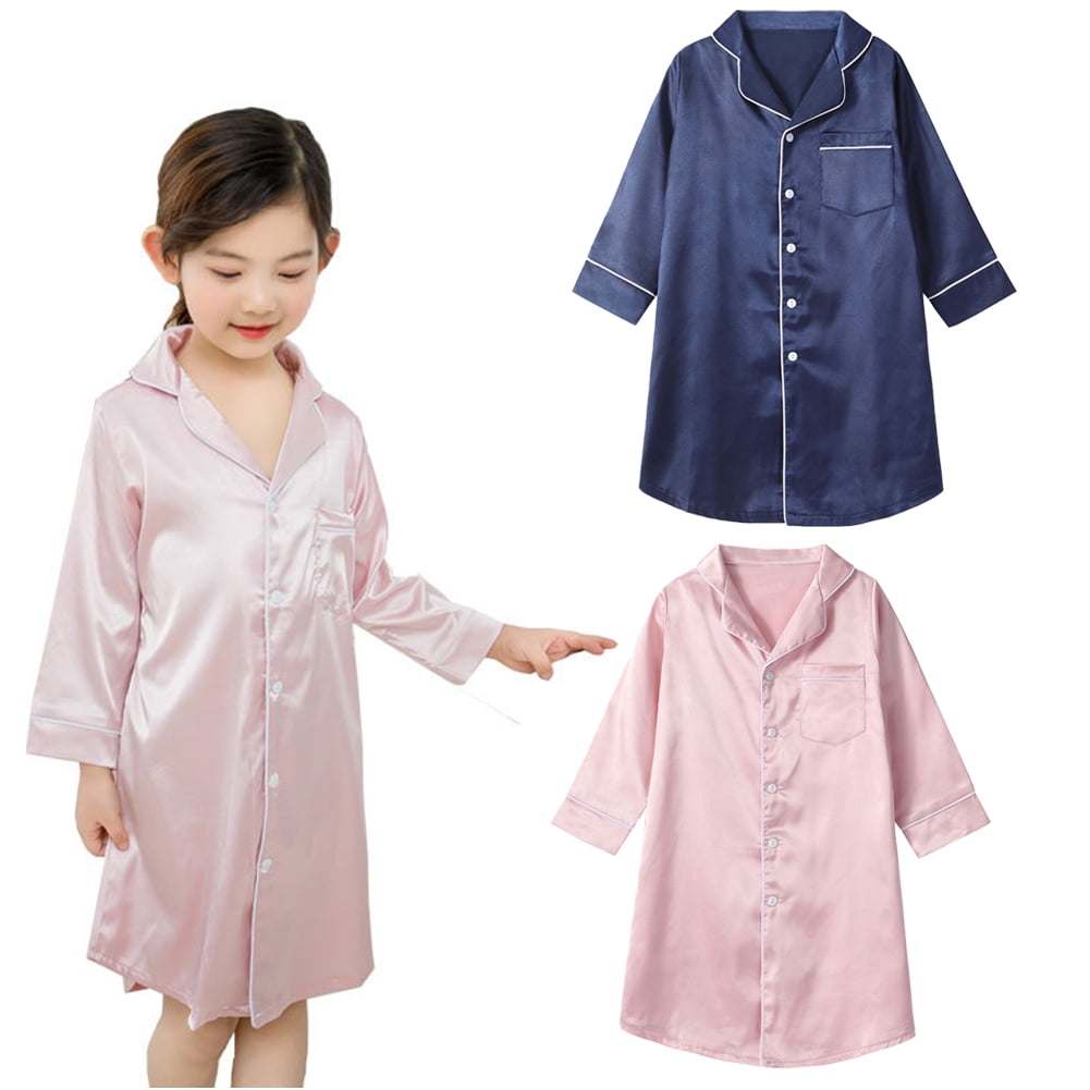 LYMAYTER Kids Girls Satin Pajamas Dress Toddler Button down Silky