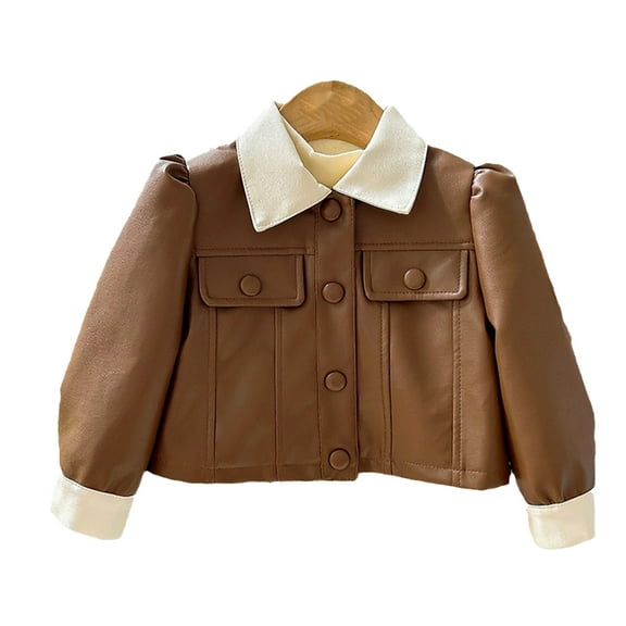LYMAYTER Kids Girls Short Leather Jacket Toddler Motorcycle PU Leather Coats Baby Spring Fall Long Sleeve Outerwear for 2-12 T