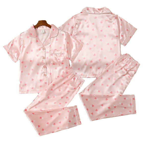 LYMAYTER Kids Girls Silk Pajamas Outfit Toddler V-Neck Short Sleeve Sleepwear Tops for 8-12 Years Stain Printed Loungewear 2PCS Set