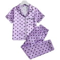 thumbnail image 1 of LYMAYTER Kids Girls Silk Pajamas Outfit Toddler V-Neck Short Sleeve Sleepwear Tops for 8-12 Years Stain Printed Loungewear 2PCS Set, 1 of 9