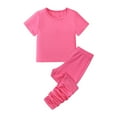 thumbnail image 1 of LYMAYTER Kids Girls Stretch T-Shirts Outfits 2PCS Toddler Short Sleeve Tees + Bottom Pants Sets for 2M -7T, 1 of 9