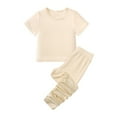 thumbnail image 1 of LYMAYTER Kids Girls Stretch T-Shirts Outfits 2PCS Toddler Short Sleeve Tees + Bottom Pants Sets for 2M -7T, 1 of 9