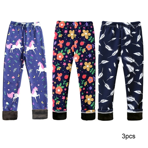 LYMAYTER Kids Girls Warm Leggings 3PCS Spring Fall Printing Stretch Pants Toddler Fleece Bottoms for 3-10 Years