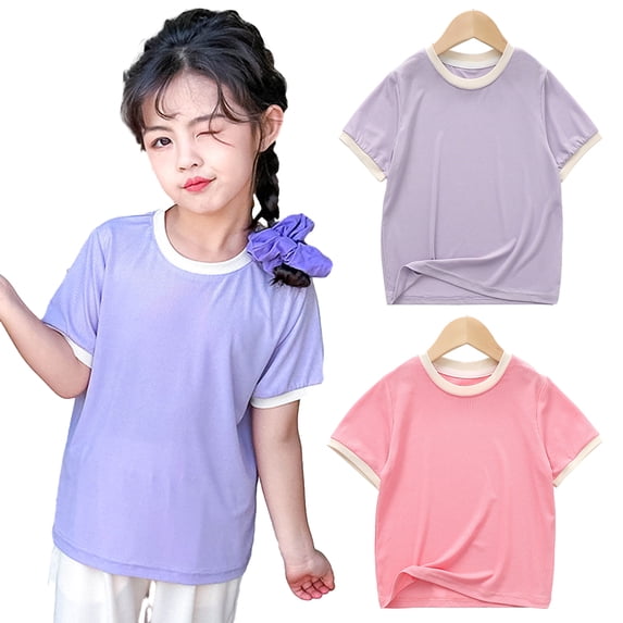 LYMAYTER Kids Summer Short-Sleeve T-Shirt for Girls 2-12T Baby Toddler Solid Color 100% Organic Cotton Tees Shirt Tops