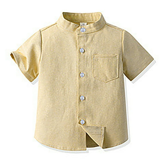 LYMAYTER Kids Toddler Boys Dress Shirts Baby Solid Short Sleeve Stand-Up Collar Shirt 3M-8Y Boys Business Casual Button down Shirts with Bow