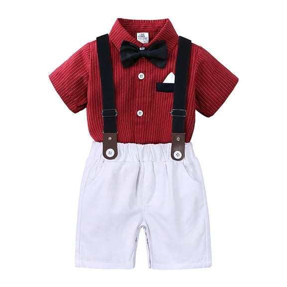 LYMAYTER Kids Toddler Boys Formal Gown Outfit Baby Stripes Short Sleeve Shirt with Bowtie and Shorts Set for 9m-7 Years