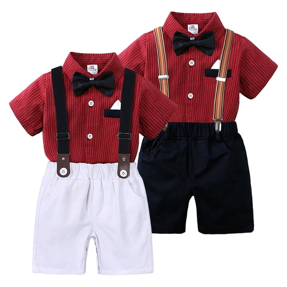 LYMAYTER Kids Toddler Boys Formal Gown Outfit Baby Stripes Short Sleeve Shirt with Bowtie and Shorts Set for 9m-7 Years
