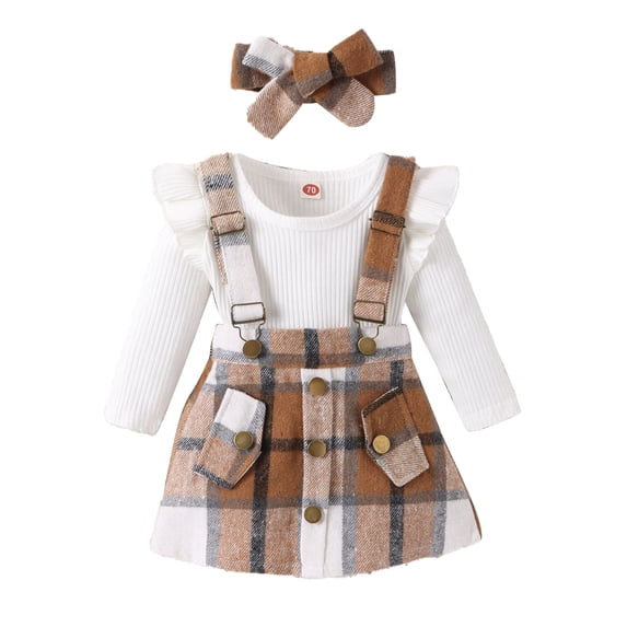 LYMAYTER Kids Toddler Girls Fall Winter Outfit 3PCS Infant Cotton Long Sleeves+ Strappy Skirt + Bowknot Set for 12m-3 Years