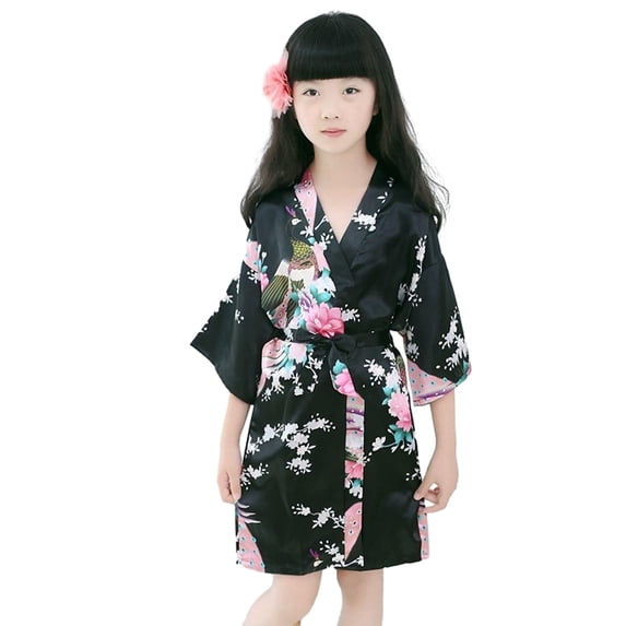 LYMAYTER Kids Toddler Girls Floral Nightgown for Little Girls Silk Pajamas Summer Stain Kimono Dresses Robe for 1-13 T
