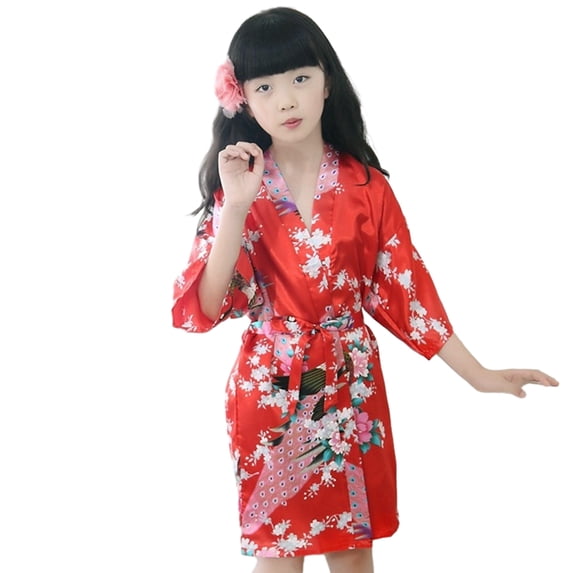 LYMAYTER Kids Toddler Girls Floral Nightgown for Little Girls Silk Pajamas Summer Stain Kimono Dresses Robe for 1-13 T