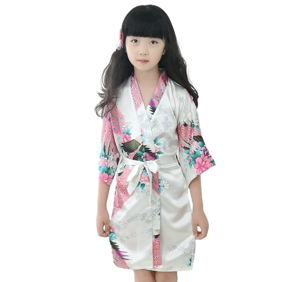 LYMAYTER Kids Toddler Girls Floral Nightgown for Little Girls Silk Pajamas Summer Stain Kimono Dresses Robe for 1-13 T