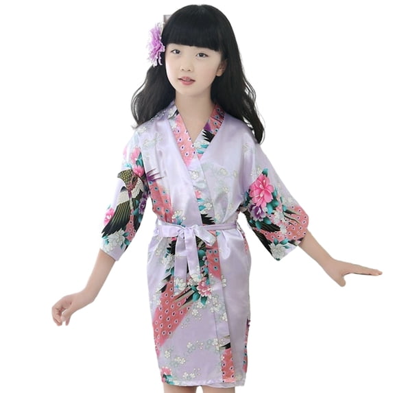 LYMAYTER Kids Toddler Girls Floral Nightgown for Little Girls Silk Pajamas Summer Stain Kimono Dresses Robe for 1-13 T