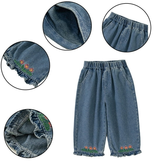 LYMAYTER Kids Toddler Girls Jeans Baby Embroidered Lace Elastic Waist Trousers Spring Summ Denim Pants for 12 M - 8 Years
