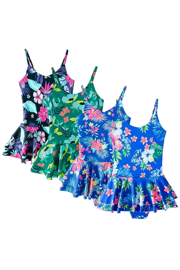Kids Toddler Girls One Piece Hawaiian Swimsuits with Skirt Ruffle UPF 50+ Floral Skirted Bathing Suit Beach Swim Dress Halter Swimwear for 4-12 Years